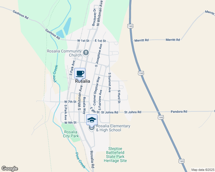 map of restaurants, bars, coffee shops, grocery stores, and more near 500 South Summit Avenue in Rosalia