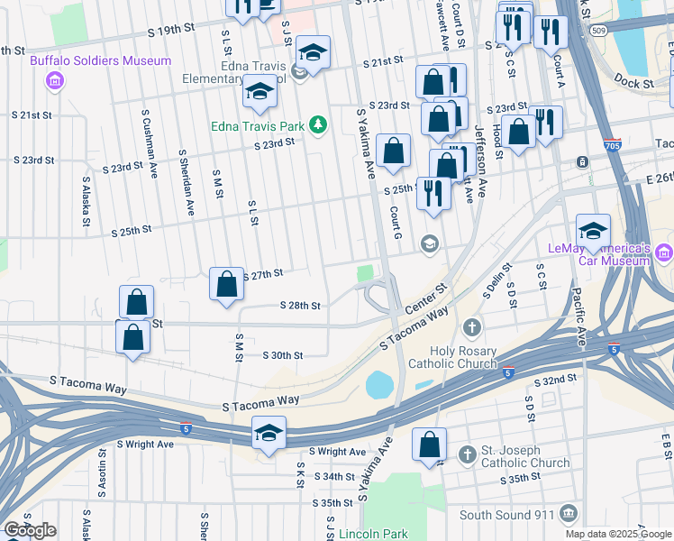 map of restaurants, bars, coffee shops, grocery stores, and more near 2701 South J Street in Tacoma
