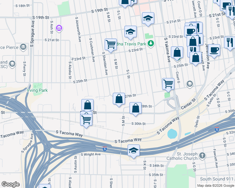 map of restaurants, bars, coffee shops, grocery stores, and more near 1308 South 27th Street in Tacoma