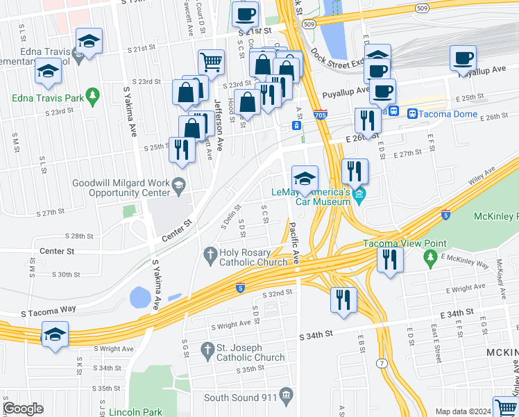 map of restaurants, bars, coffee shops, grocery stores, and more near 2817 South C Street in Tacoma