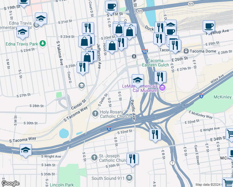 map of restaurants, bars, coffee shops, grocery stores, and more near 2817 South C Street in Tacoma