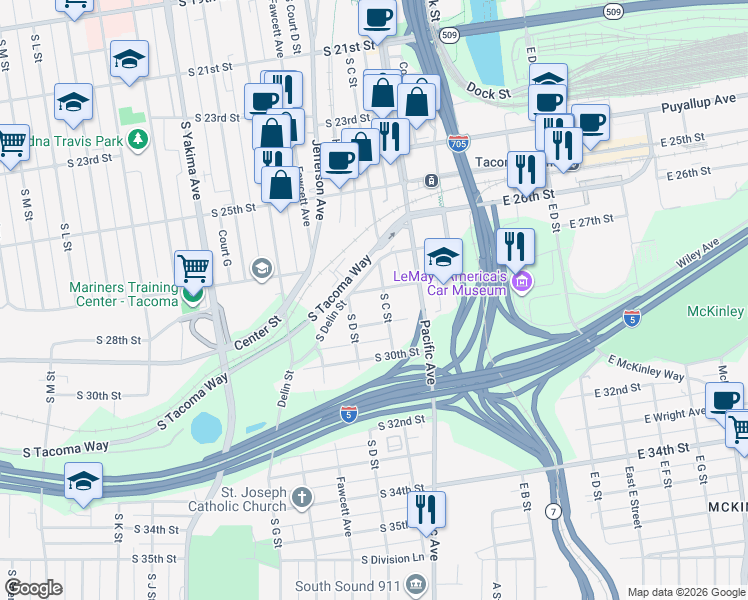 map of restaurants, bars, coffee shops, grocery stores, and more near 2817 South C Street in Tacoma