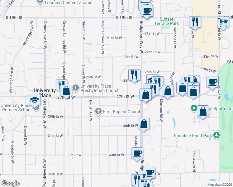 map of restaurants, bars, coffee shops, grocery stores, and more near 7802 27th Street West in University Place