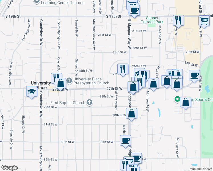 map of restaurants, bars, coffee shops, grocery stores, and more near 7703 27th Street West in University Place