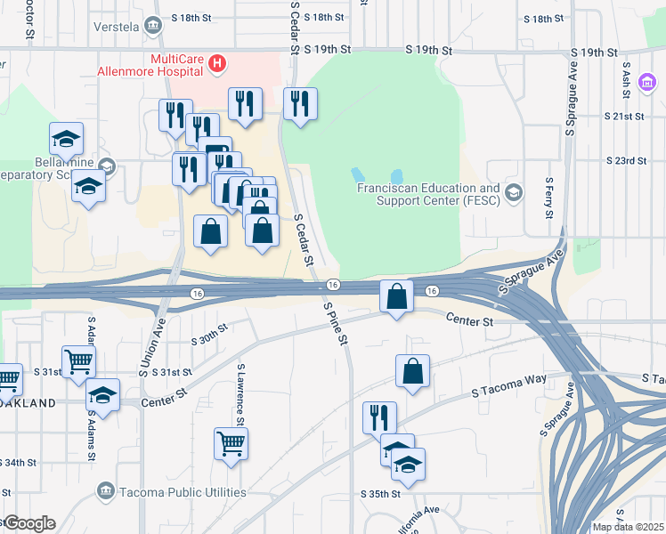 map of restaurants, bars, coffee shops, grocery stores, and more near 2673 South Cedar Street in Tacoma