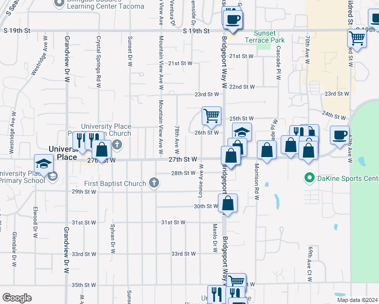 map of restaurants, bars, coffee shops, grocery stores, and more near 7612 27th Street West in University Place