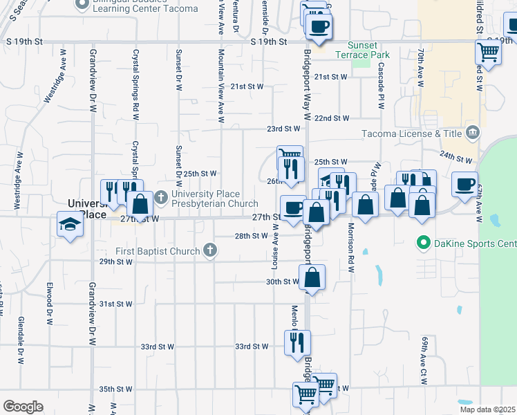 map of restaurants, bars, coffee shops, grocery stores, and more near 7612 27th Street West in University Place