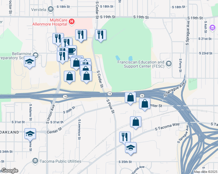 map of restaurants, bars, coffee shops, grocery stores, and more near 2673 South Cedar Street in Tacoma