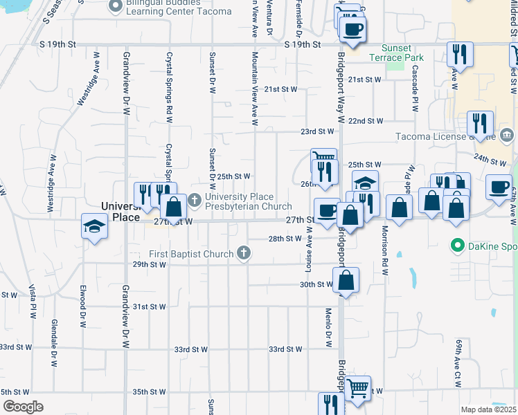 map of restaurants, bars, coffee shops, grocery stores, and more near 2615 Mountain View Avenue West in Tacoma