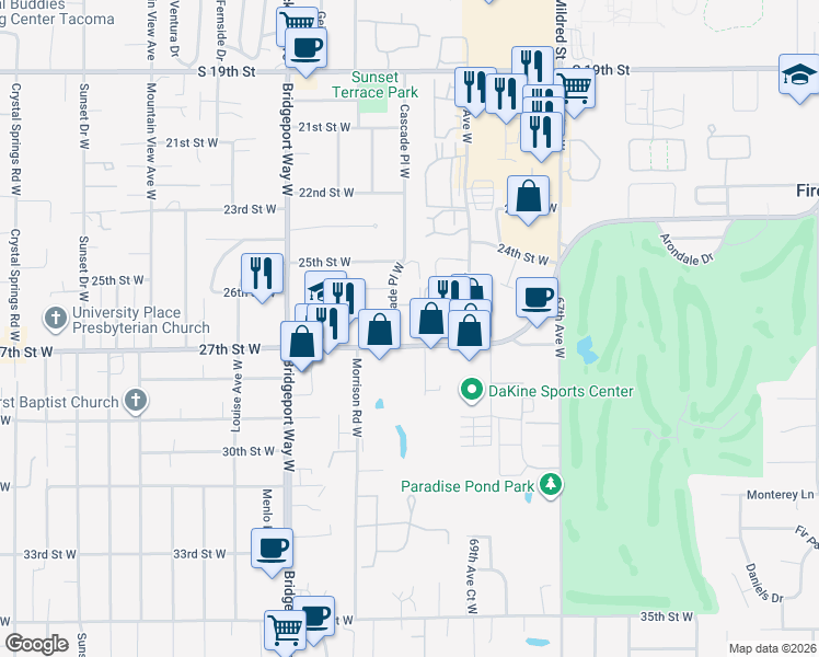 map of restaurants, bars, coffee shops, grocery stores, and more near 2509 Cascade Place West in University Place