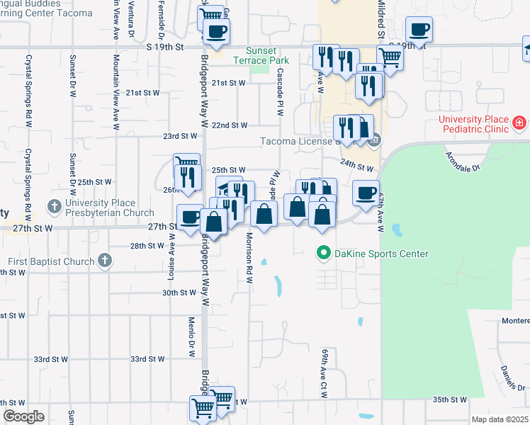 map of restaurants, bars, coffee shops, grocery stores, and more near 2602-2618 Cascade Place West in Tacoma
