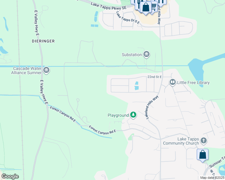map of restaurants, bars, coffee shops, grocery stores, and more near 16009 24th Street East in Lake Tapps