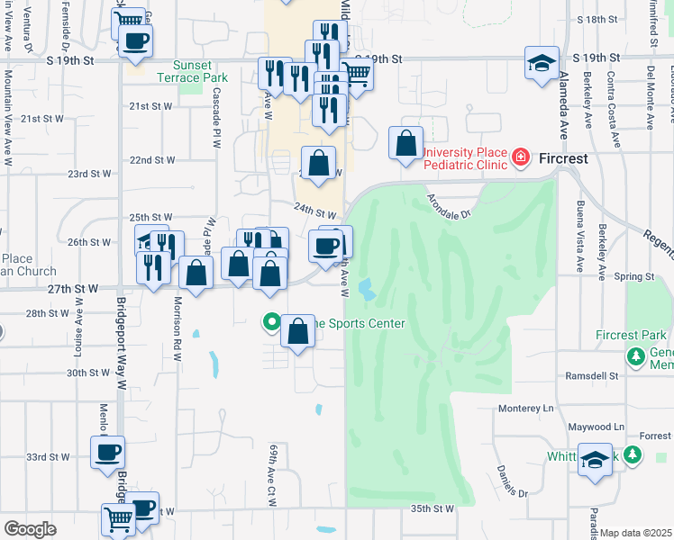 map of restaurants, bars, coffee shops, grocery stores, and more near 6701-6707 Regents Blvd in University Place