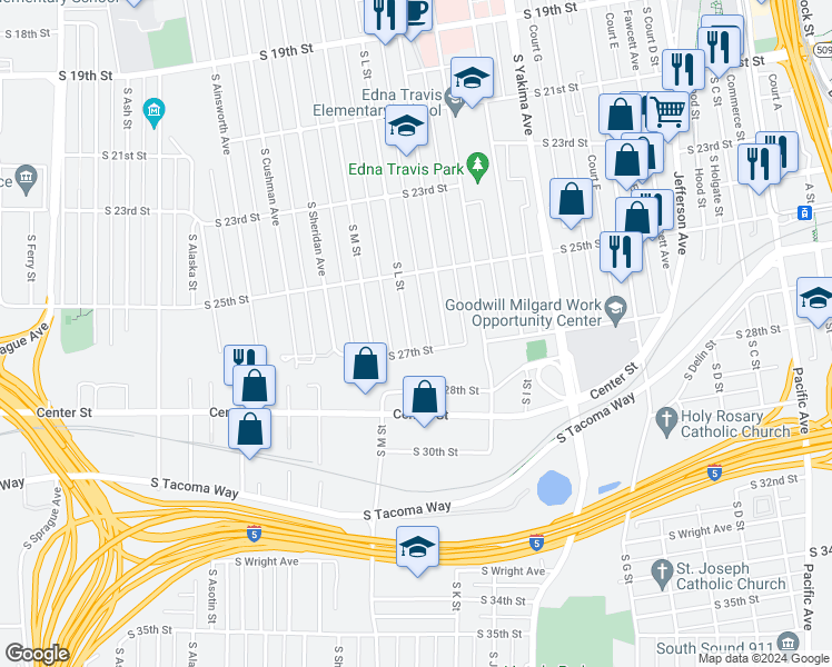map of restaurants, bars, coffee shops, grocery stores, and more near 2543 South L Street in Tacoma