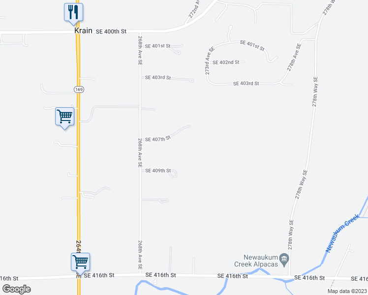 map of restaurants, bars, coffee shops, grocery stores, and more near 27005 Southeast 407th Street in Enumclaw
