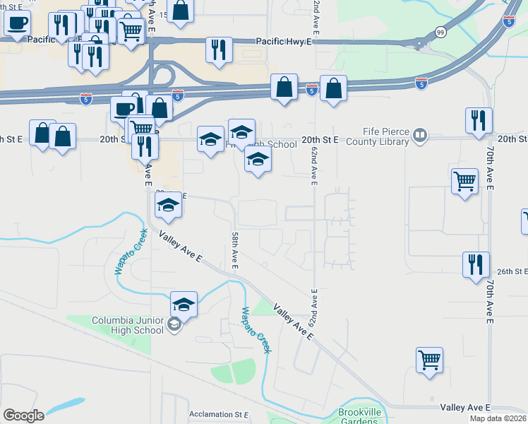map of restaurants, bars, coffee shops, grocery stores, and more near 2301 58th Avenue East in Fife