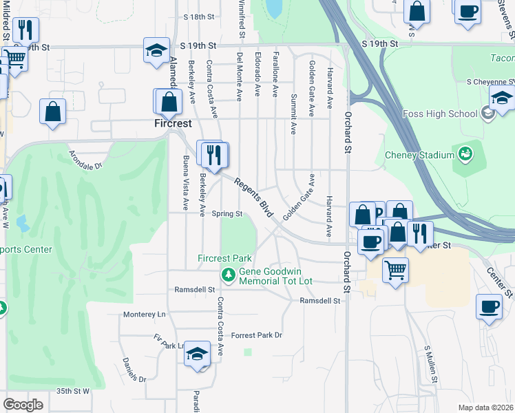 map of restaurants, bars, coffee shops, grocery stores, and more near 338 Regents Boulevard in Fircrest