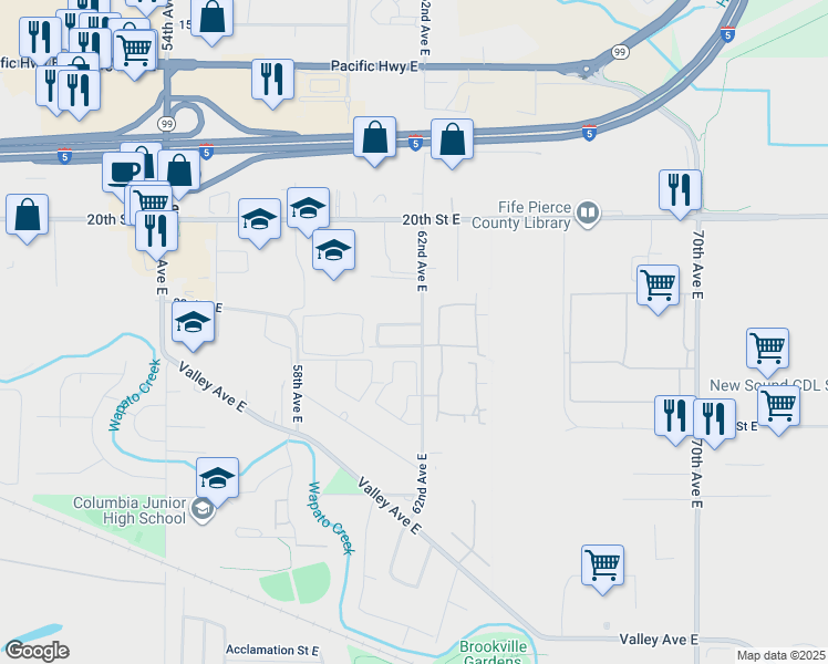 map of restaurants, bars, coffee shops, grocery stores, and more near 2300 62nd Avenue East in Fife