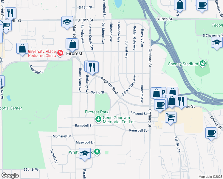 map of restaurants, bars, coffee shops, grocery stores, and more near 350 Regents Boulevard in Fircrest