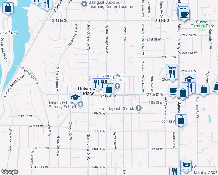 map of restaurants, bars, coffee shops, grocery stores, and more near 2607 A To 2607 B Crystal Springs Road in University Place