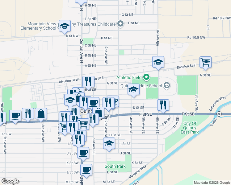 map of restaurants, bars, coffee shops, grocery stores, and more near 119 3rd Avenue Southeast in Quincy