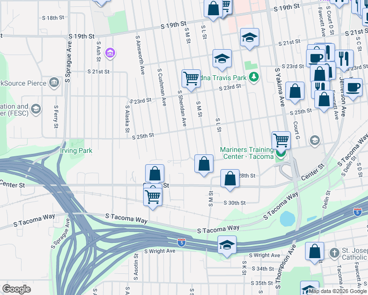 map of restaurants, bars, coffee shops, grocery stores, and more near 2515 South Sheridan Avenue in Tacoma