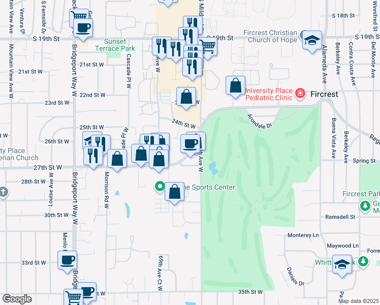 map of restaurants, bars, coffee shops, grocery stores, and more near 6707 Regents Boulevard in University Place