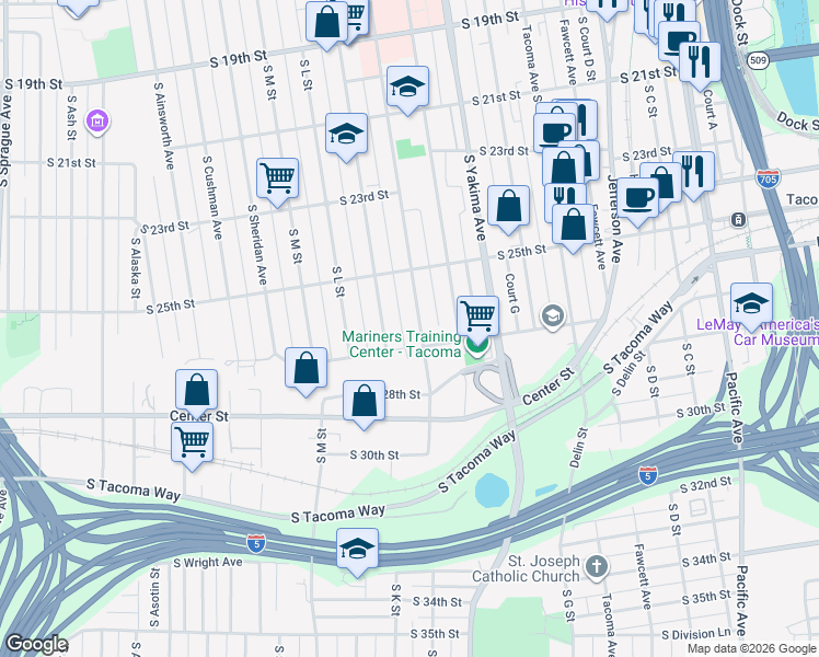 map of restaurants, bars, coffee shops, grocery stores, and more near 2539 South J Street in Tacoma