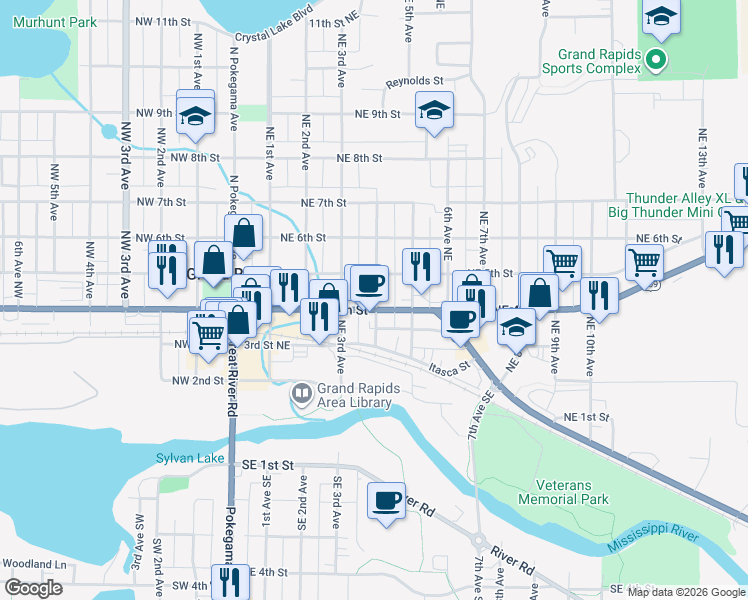 map of restaurants, bars, coffee shops, grocery stores, and more near 414 Northeast 4th Avenue in Grand Rapids