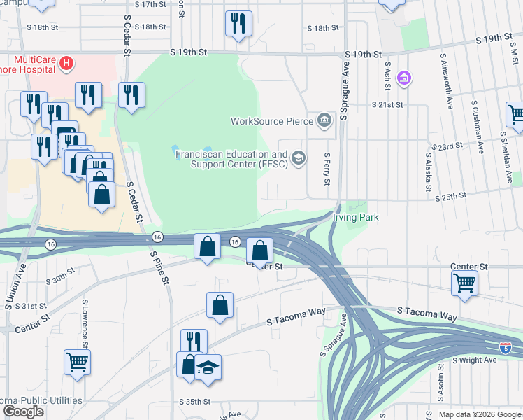 map of restaurants, bars, coffee shops, grocery stores, and more near 2322 South 25th Street in Tacoma