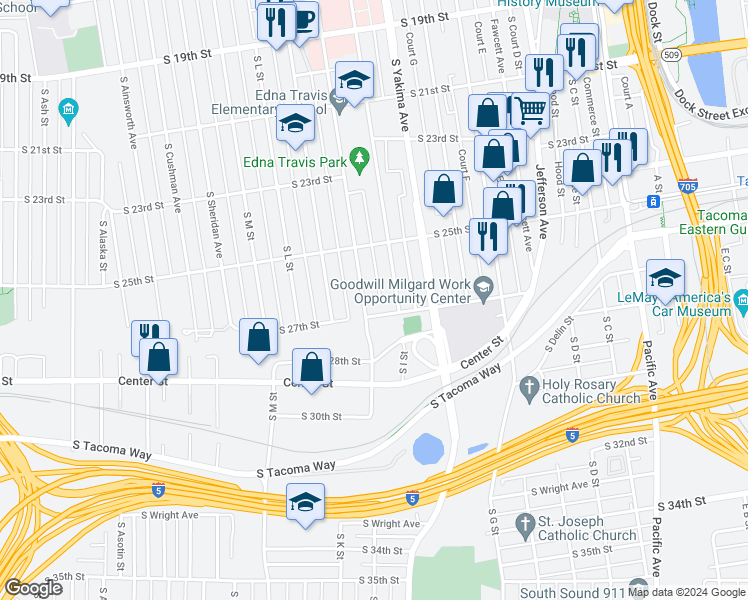 map of restaurants, bars, coffee shops, grocery stores, and more near 2543 South J Street in Tacoma