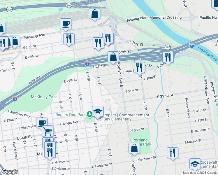 map of restaurants, bars, coffee shops, grocery stores, and more near 1424 East 30th Street in Tacoma