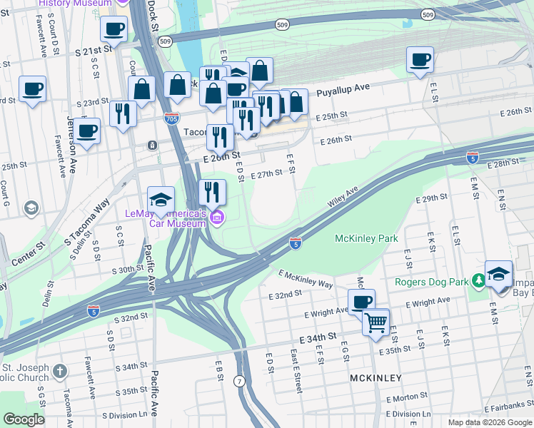 map of restaurants, bars, coffee shops, grocery stores, and more near 2727 East D Street in Tacoma