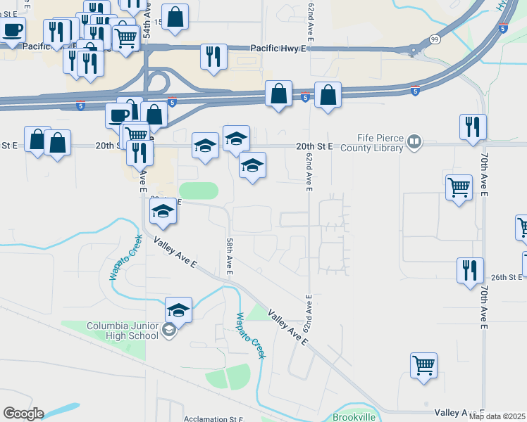 map of restaurants, bars, coffee shops, grocery stores, and more near 2301 58th Avenue East in Fife