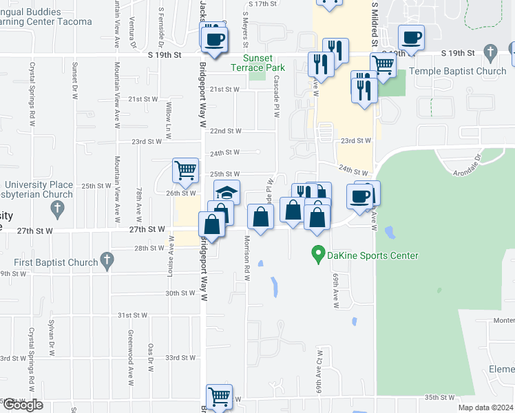 map of restaurants, bars, coffee shops, grocery stores, and more near 2616 Cascade Place West in University Place