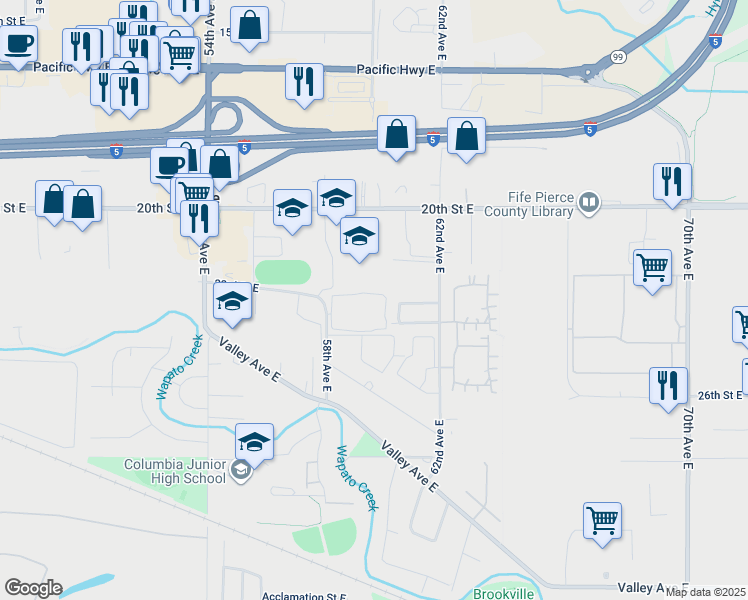 map of restaurants, bars, coffee shops, grocery stores, and more near 2301 58th Avenue East in Fife