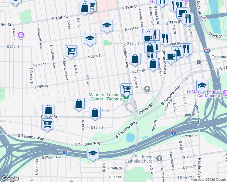 map of restaurants, bars, coffee shops, grocery stores, and more near 2539 South J Street in Tacoma