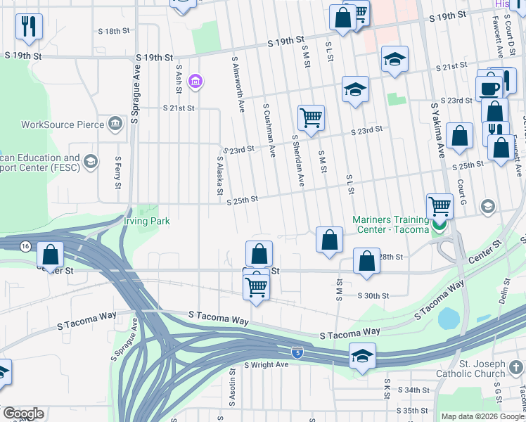 map of restaurants, bars, coffee shops, grocery stores, and more near 2502 South Ainsworth Avenue in Tacoma