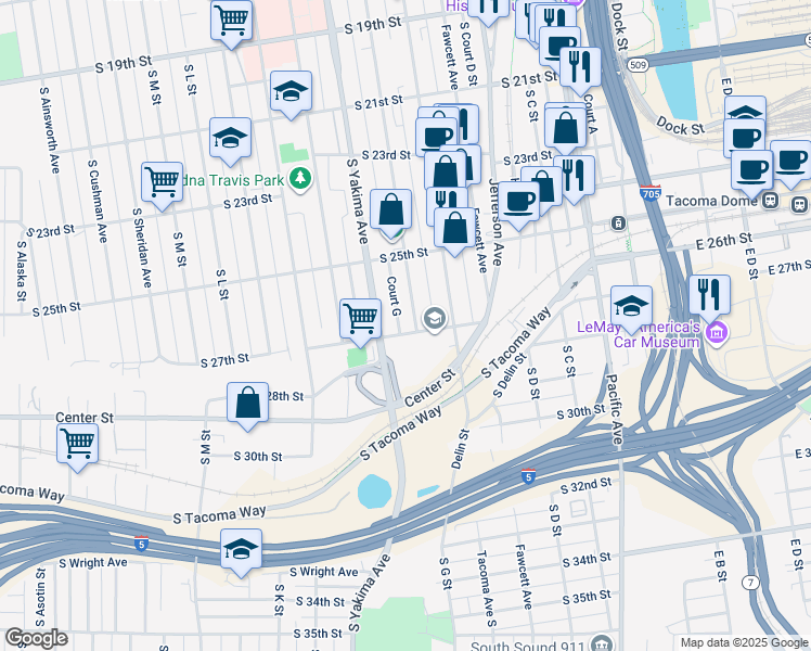 map of restaurants, bars, coffee shops, grocery stores, and more near 2550 South G Street in Tacoma