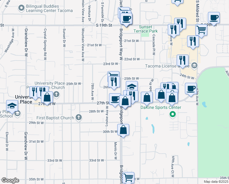 map of restaurants, bars, coffee shops, grocery stores, and more near 2620 Bridgeport Way West in University Place