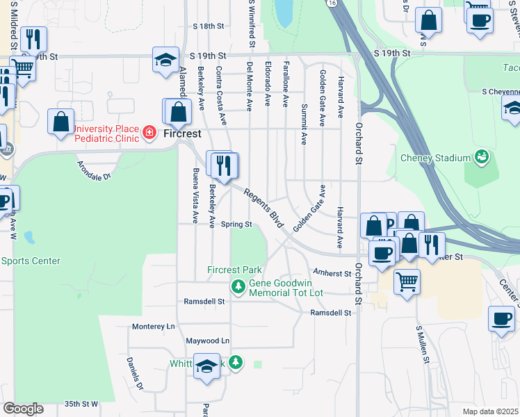 map of restaurants, bars, coffee shops, grocery stores, and more near 350 Regents Boulevard in Fircrest