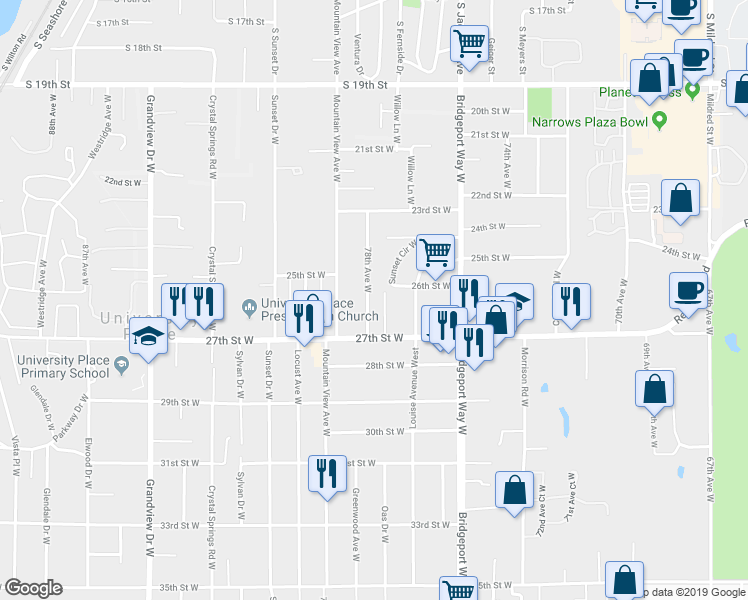 map of restaurants, bars, coffee shops, grocery stores, and more near 2519 78th Avenue West in University Place