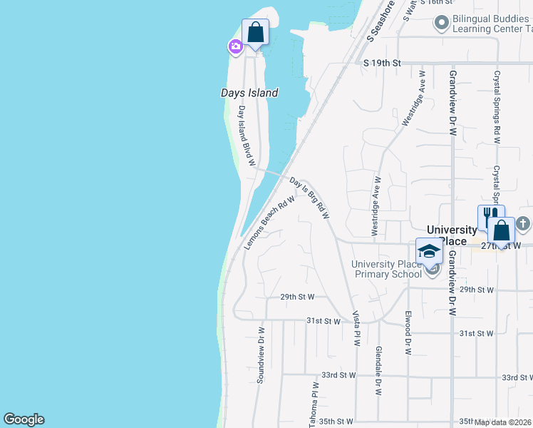 map of restaurants, bars, coffee shops, grocery stores, and more near 2640 Lemons Beach Road West in University Place