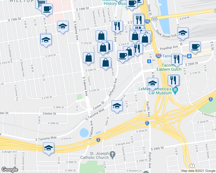 map of restaurants, bars, coffee shops, grocery stores, and more near 2553 Tacoma Ave S in Tacoma