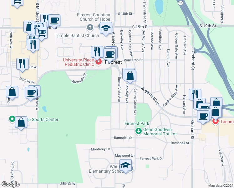 map of restaurants, bars, coffee shops, grocery stores, and more near 458 Buena Vista Avenue in Fircrest