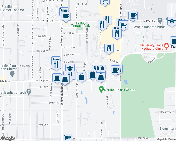 map of restaurants, bars, coffee shops, grocery stores, and more near 2509 Cascade Place West in University Place