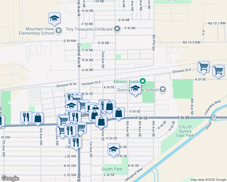 map of restaurants, bars, coffee shops, grocery stores, and more near 119 3rd Avenue Southeast in Quincy