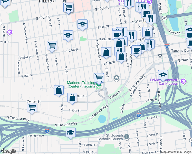 map of restaurants, bars, coffee shops, grocery stores, and more near 2535 South I Street in Tacoma