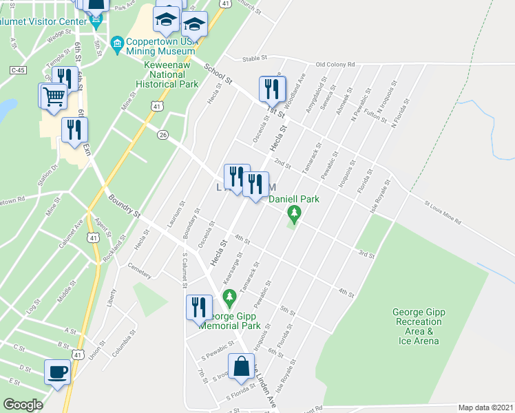 map of restaurants, bars, coffee shops, grocery stores, and more near 79 3rd St in Calumet