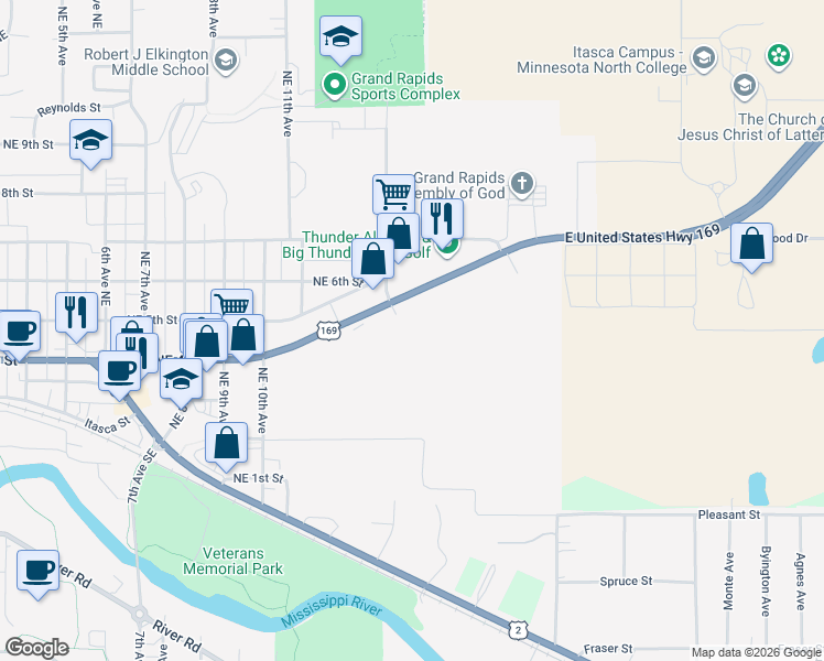 map of restaurants, bars, coffee shops, grocery stores, and more near 1300 U.S. 169 in Grand Rapids